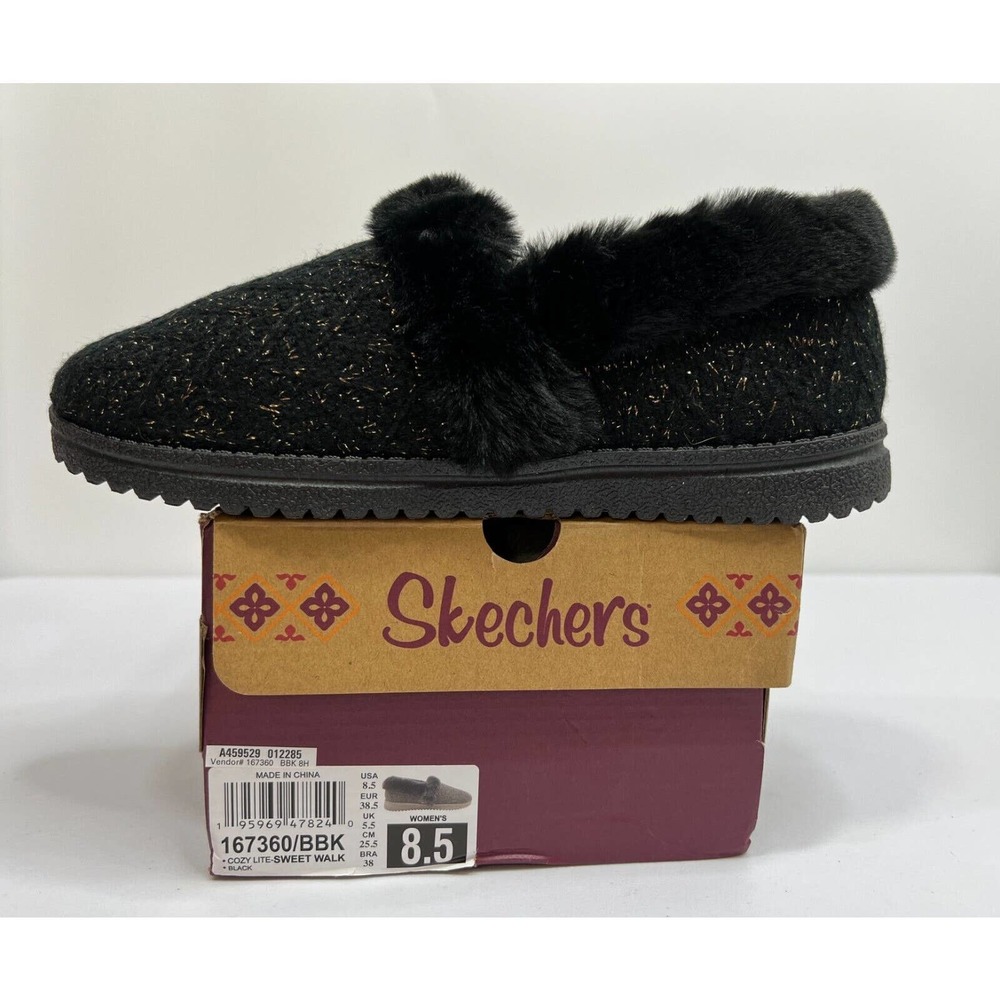 Skechers Cozy Lite Sparkle Knit Slippers Sweet Walk 8.5M Black Memory Foam New